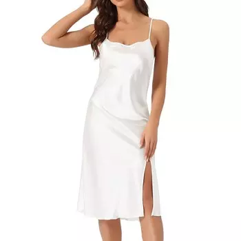Женская атласная ночная рубашка без рукавов и открытой спины с разрезом миди, ночная рубашка Cheibear, белый