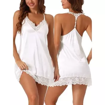 Женская атласная ночная рубашка, кружевная пижама с V-образным вырезом, шелковистая пижама без рукавов Cheibear, белый