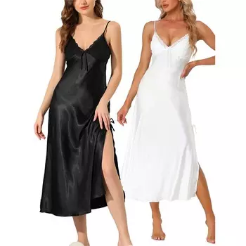 Женская атласная ночная рубашка с V-образным вырезом, ночная рубашка, повседневное платье миди с боковым разрезом Cheibear, цвет Black White