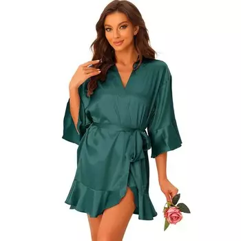 Женская атласная пижама с шелковистыми рукавами 3/4, домашняя одежда с завязкой на талии, халаты Cheibear, зеленый