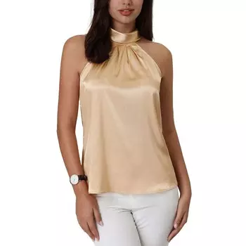 Женская атласная рабочая блузка без рукавов с лямкой на шее и завязками на спине Hombety, бежевый