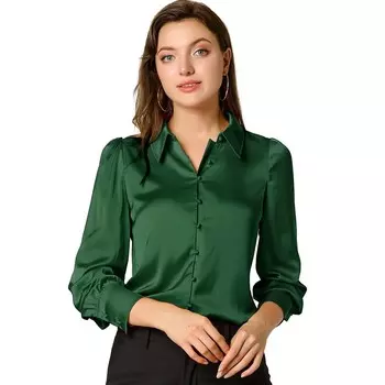 Женская атласная рубашка на пуговицах с длинным рукавом и воротником-стойкой ALLEGRA K, зеленый