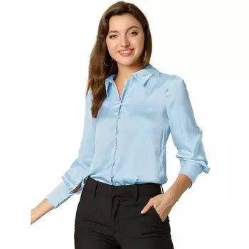 Женская атласная рубашка на пуговицах с длинным рукавом и воротником-стойкой ALLEGRA K, цвет Light Blue
