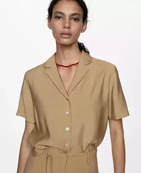 Женская атласная рубашка с короткими рукавами MANGO, коричневый