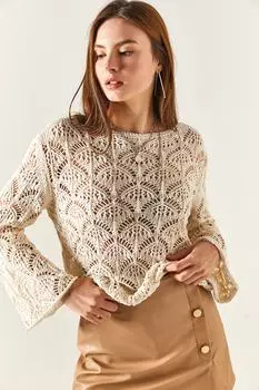 Женская ажурная блузка из хлопкового трикотажа с каменными мидиями и испанским рукавом Olalook, серый