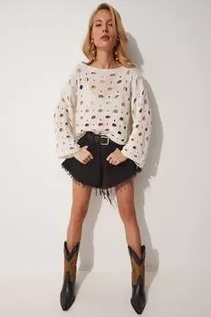 Женская ажурная блузка сезонного трикотажа с косточками Happiness stanbul, экрю