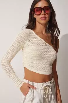 Женская ажурная летняя трикотажная блузка цвета экрю на одно плечо Happiness stanbul