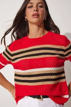 Женская ажурная летняя трикотажная блузка в красную полоску Happiness stanbul, разноцветный