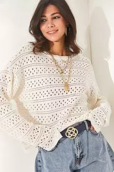 Женская ажурная повседневная хлопковая трикотажная блузка цвета экрю с круглым вырезом Olalook