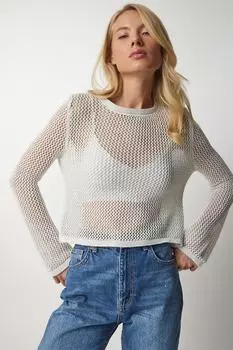 Женская ажурная прозрачная трикотажная блузка с кремовым люрексом Happiness stanbul, бежевый