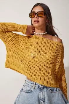 Женская ажурная трикотажная блузка горчичного цвета с бусинами Happiness stanbul, желтый