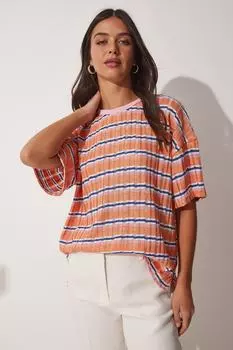 Женская ажурная трикотажная блузка в сиреневую полоску Happiness stanbul, оранжевый