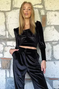 Женская бархатная блузка черного цвета с воротником-стойкой и рукавами принцессы со сборками спереди Trend Alaat Stili, черный