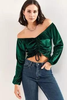 Женская бархатная блузка со сборками спереди 2964 Bianco Lucci, зеленый