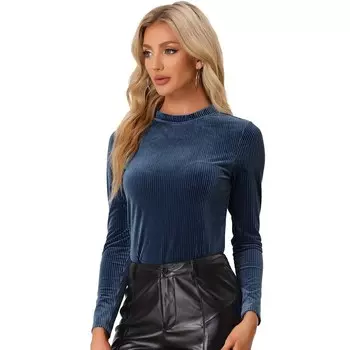 Женская бархатная блузка в рубчик с длинным рукавом и воротником-стойкой ALLEGRA K, цвет Navy Blue