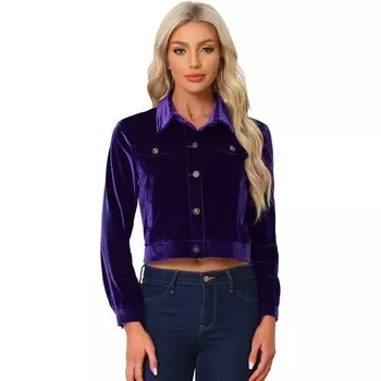 Женская бархатная куртка с искусственным карманом и длинными рукавами, повседневная куртка на пуговицах спереди ALLEGRA K, цвет Dark Purple