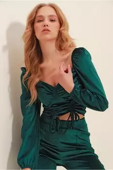 Женская бархатная укороченная блузка изумрудно-зеленого цвета с воротником-стойкой и сборкой спереди ALC-X9497 Trend Alaat Stili, зеленый