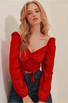 Женская бархатная укороченная блузка с красным воротником и сборкой спереди ALC-X9497 Trend Alaat Stili, красный