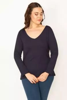 Женская базовая блузка больших размеров темно-синего цвета с v-образным вырезом и длинными рукавами ans, темно-синий