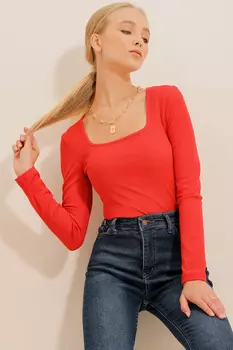 Женская базовая блузка в рубчик с красным квадратным воротником Trend Alaat Stili, красный