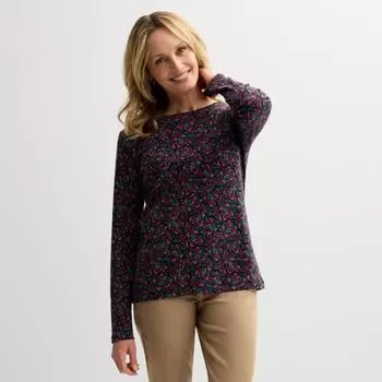 Женская базовая футболка с длинным рукавом и круглым вырезом Croft & Barrow, цвет black festive paisley