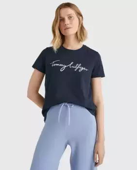 Женская базовая футболка с принтом Tommy Hilfiger, темно-синий