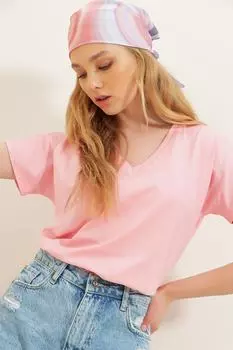 Женская базовая футболка с V-образным вырезом Trend Alaat Stili, розовый