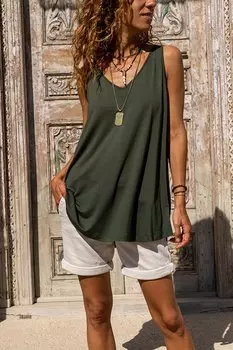 Женская базовая футболка трапециевидного силуэта без рукавов цвета хаки с v-образным вырезом JR401 GNE KIZI