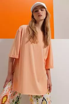 Женская базовая хлопковая футболка большого размера с круглым вырезом лосося и двойными рукавами Trend Alaat Stili, розовый