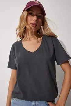 Женская базовая хлопковая футболка дымчатого цвета с v-образным вырезом Happiness stanbul, серый