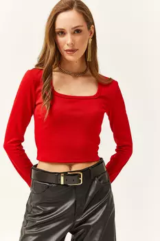 Женская базовая укороченная блузка красного цвета с квадратным вырезом Olalook, красный
