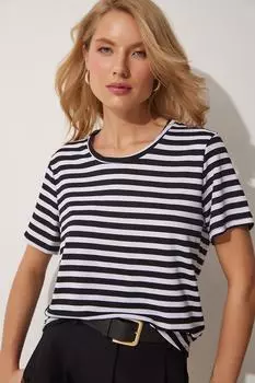 Женская базовая вязаная футболка в черно-белую полоску Happiness stanbul, разноцветный