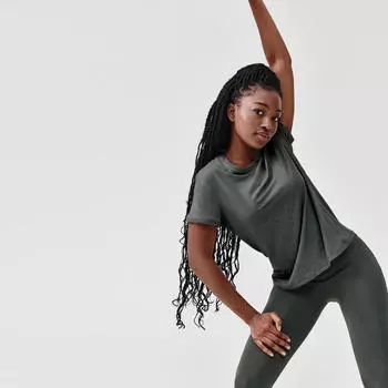 Женская беговая рубашка с короткими рукавами, мягкая, дышащая - серо-зеленая. KALENJI, цвет gruen