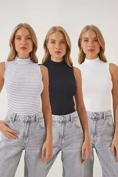 Женская белая белая черная черная трикотажная блузка без рукавов с высоким воротником Happiness stanbul, разноцветный