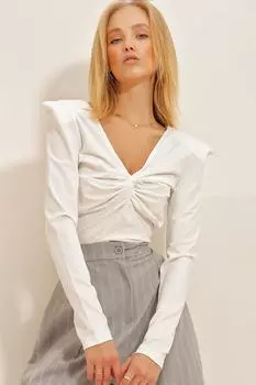 Женская белая блузка из крепа с v-образным вырезом и завязками Trend Alaat Stili, белый