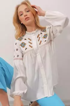 Женская белая блузка на пуговицах с высоким воротником и вышивкой спереди ALC-X9893 Trend Alaat Stili, белый
