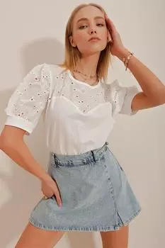 Женская белая блузка с круглым вырезом и фестонами Trend Alaat Stili, белый