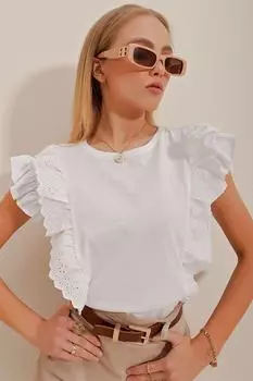 Женская белая блузка с круглым вырезом и фестонами Trend Alaat Stili, белый