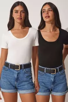 Женская белая черная вязаная футболка из лайкры и вискозы с U-образным вырезом Happiness stanbul, разноцветный