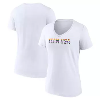 Женская белая футболка Fanatics в полоску с v-образным вырезом и логотипом Team USA Pride Fanatics