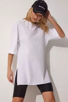 Женская белая футболка оверсайз из чесаного хлопка с разрезом по бокам Happiness stanbul, белый