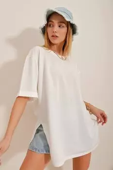 Женская белая футболка оверсайз с круглым вырезом и двойными рукавами и двумя нитками с боковым разрезом ALC-X7871 Trend Alaat Stili, белый