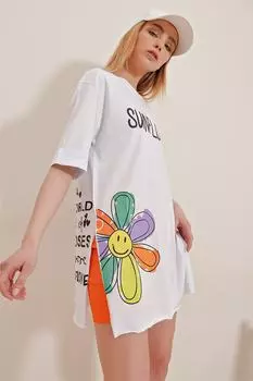 Женская белая футболка оверсайз с круглым вырезом и разрезом с принтом Trend Alaat Stili, белый