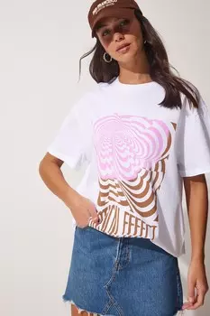 Женская белая футболка оверсайз с принтом Happiness stanbul, белый