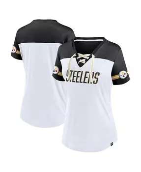 Женская белая футболка с логотипом Pittsburgh Steelers Dueling с наклонным v-образным вырезом и шнуровкой Fanatics, белый