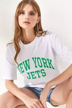 Женская белая хлопковая футболка с аппликацией New York Olalook, белый