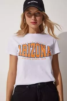 Женская белая хлопковая трикотажная футболка с принтом Happiness stanbul, белый