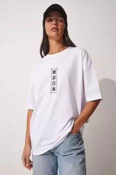 Женская белая красная футболка оверсайз с принтом Happiness stanbul, белый