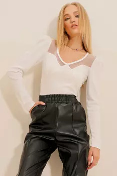 Женская белая креповая трикотажная блузка с рукавами принцессы и v-образным вырезом из тюля ALC-X11145 Trend Alaat Stili, белый