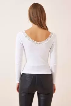 Женская белая кружевная вельветовая трикотажная блузка с v-образным вырезом Happiness stanbul, белый